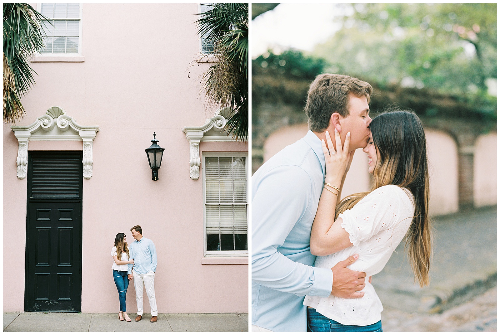 Engaged Couple embracing in Downtown Charleston