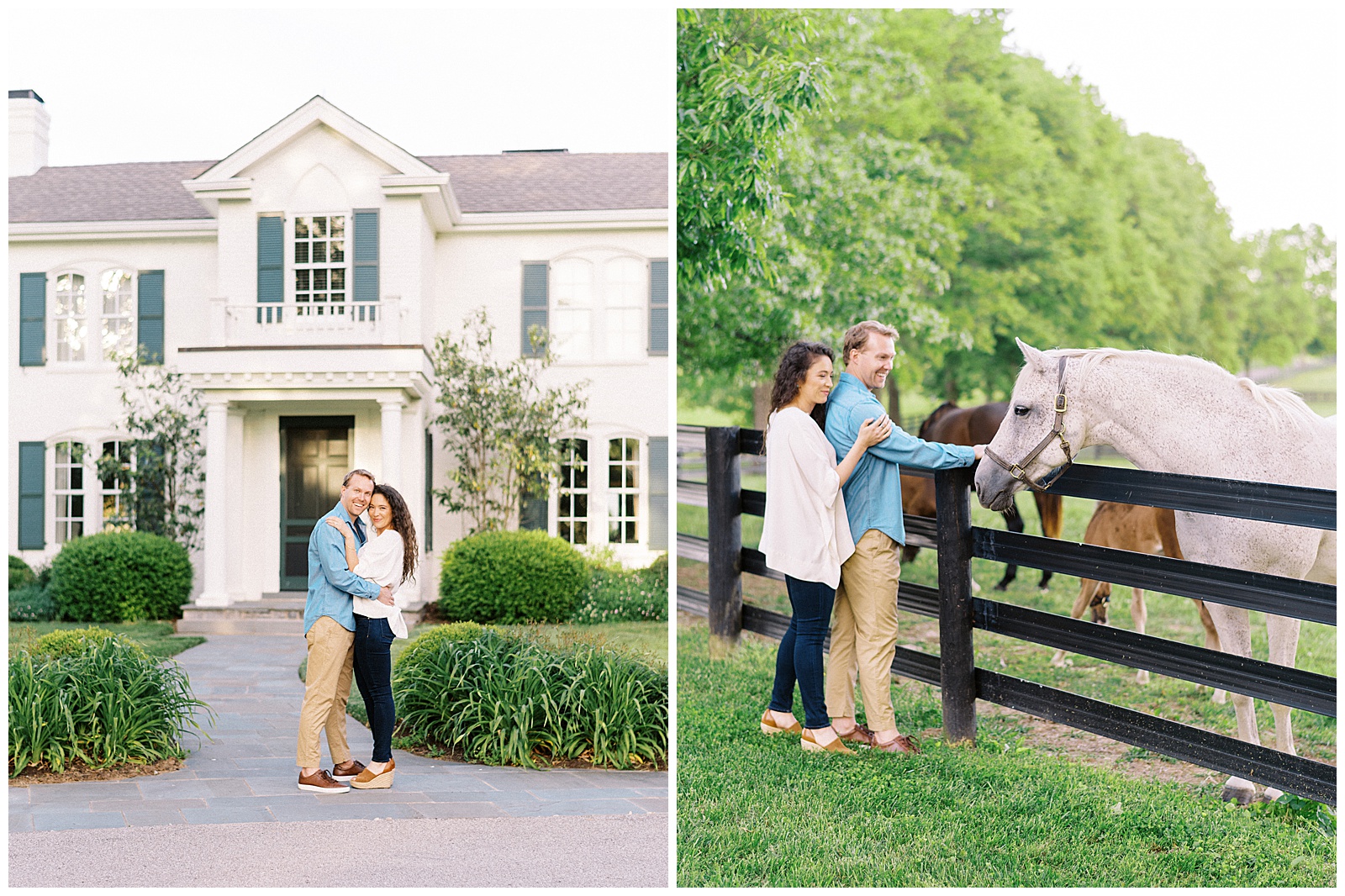 Engaged couple embracing on horse farm in Lexington Kentucky